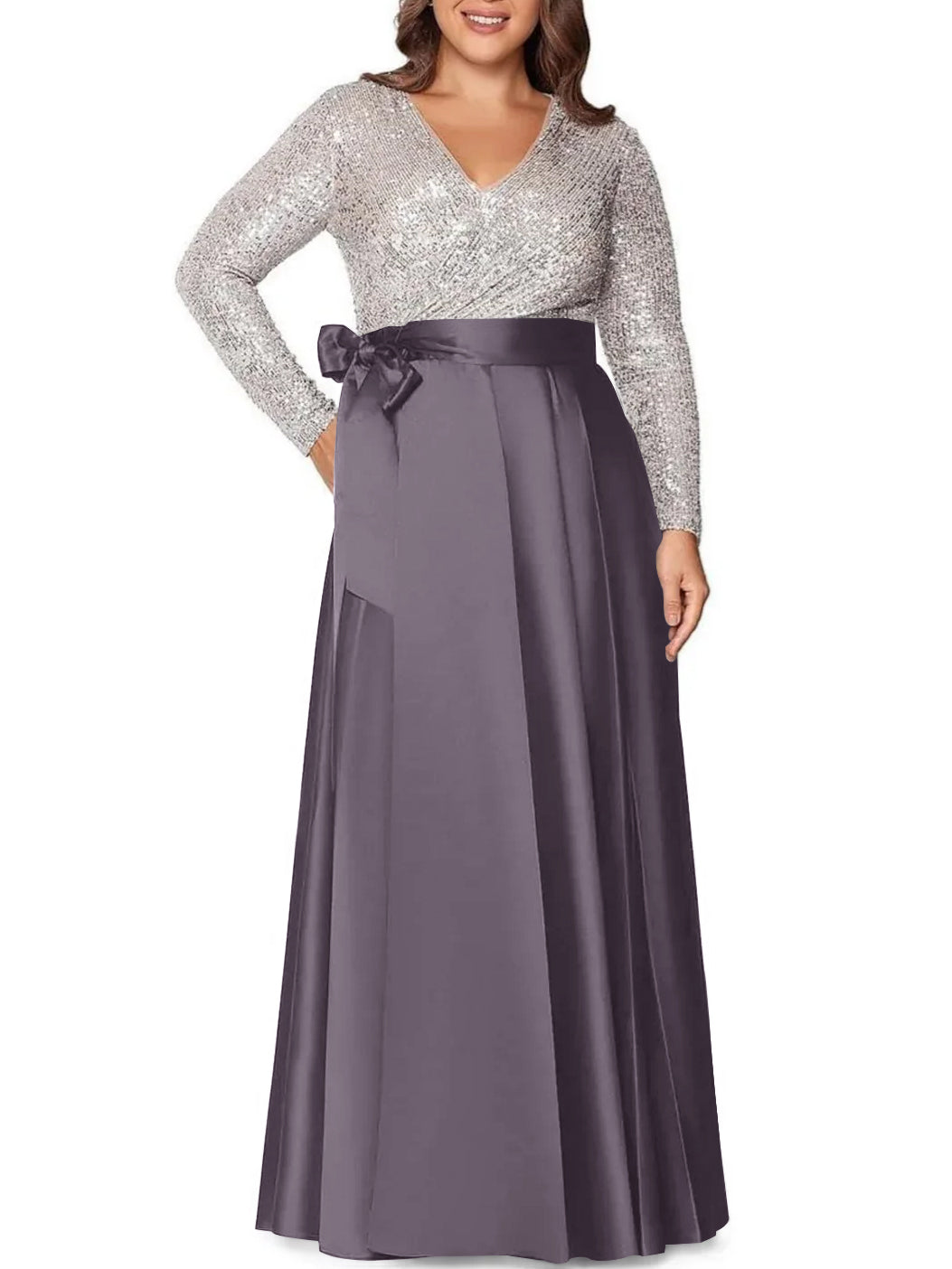 V-Neck A-Line Princess Floor-Length Plus Size Mother of the Bride Dress With Long Sleeves and Pocket Sequins