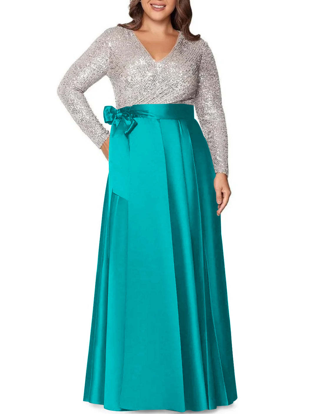 V-Neck A-Line Princess Floor-Length Plus Size Mother of the Bride Dress With Long Sleeves and Pocket Sequins