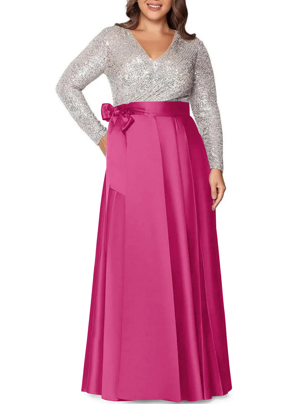 V-Neck A-Line Princess Floor-Length Plus Size Mother of the Bride Dress With Long Sleeves and Pocket Sequins