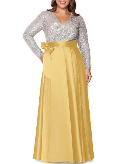 V-Neck A-Line Princess Floor-Length Plus Size Mother of the Bride Dress With Long Sleeves and Pocket Sequins