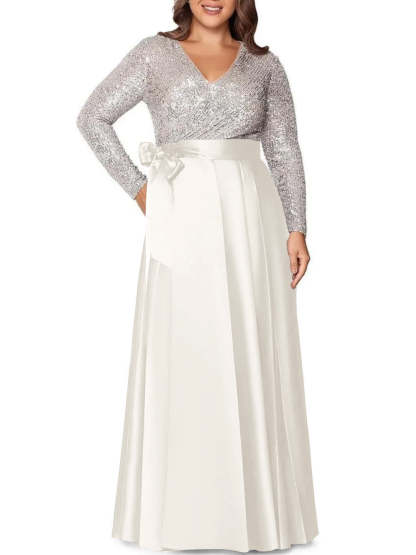 V-Neck A-Line Princess Floor-Length Plus Size Mother of the Bride Dress With Long Sleeves and Pocket Sequins