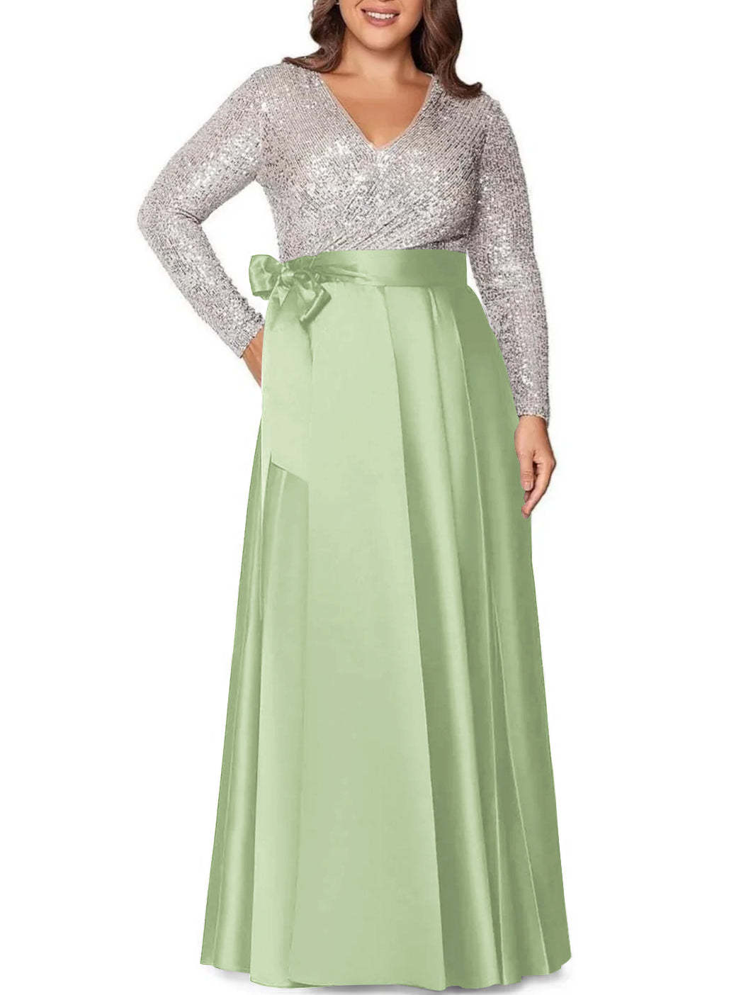 V-Neck A-Line Princess Floor-Length Plus Size Mother of the Bride Dress With Long Sleeves and Pocket Sequins