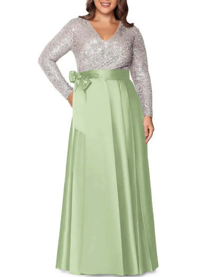 V-Neck A-Line Princess Floor-Length Plus Size Mother of the Bride Dress With Long Sleeves and Pocket Sequins