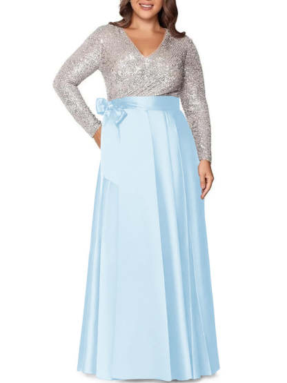 V-Neck A-Line Princess Floor-Length Plus Size Mother of the Bride Dress With Long Sleeves and Pocket Sequins