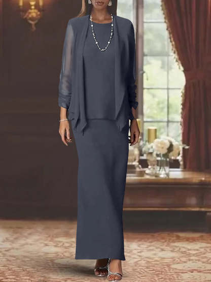 Floor-Length Scoop Neck Sheath Dress with Long Sleeves and Jacket for the Mother of the Bride