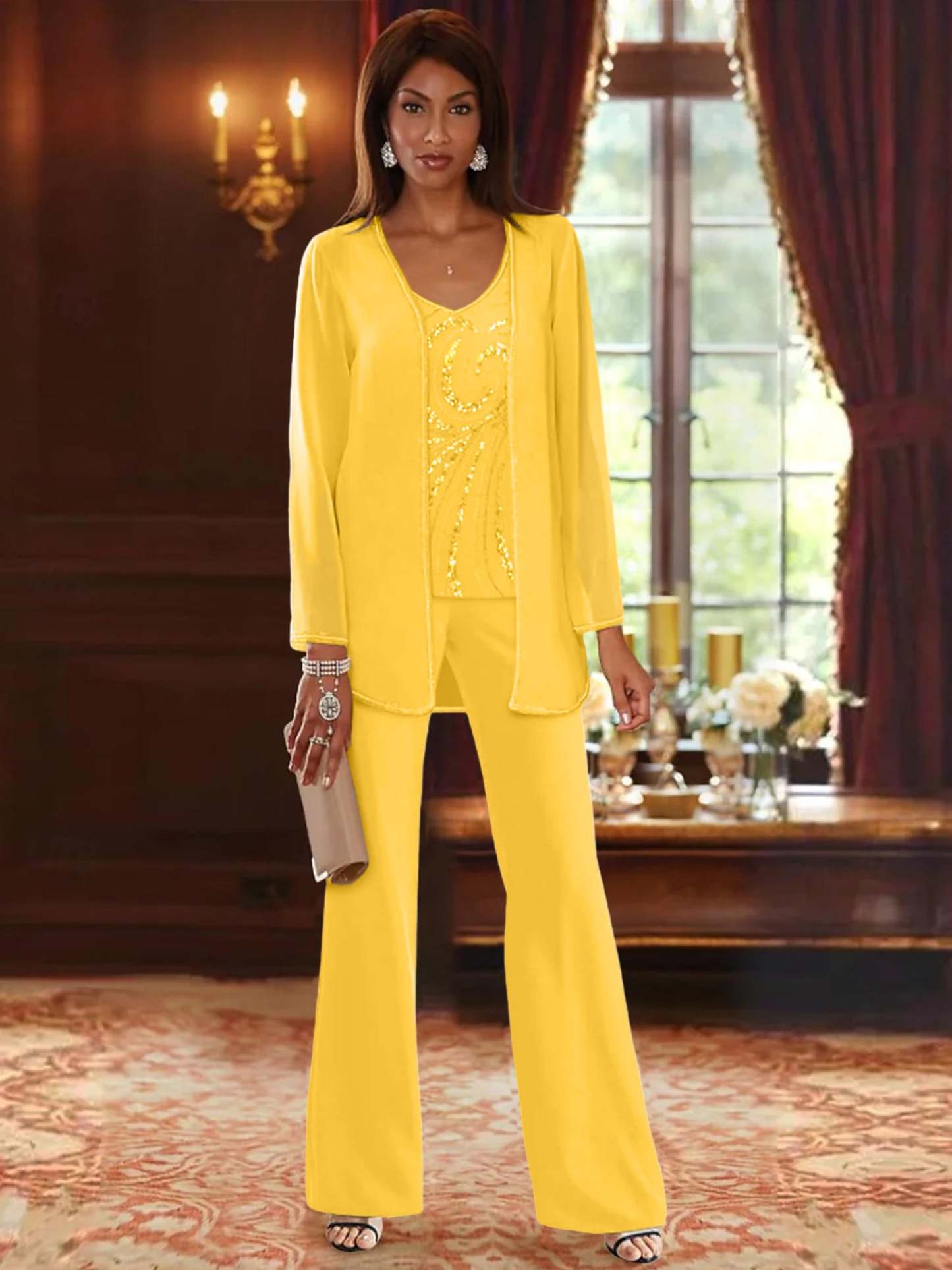 Floor-Length V-Neck Chiffon Pantsuits with Jacket & Sequins for the Mother of the Bride