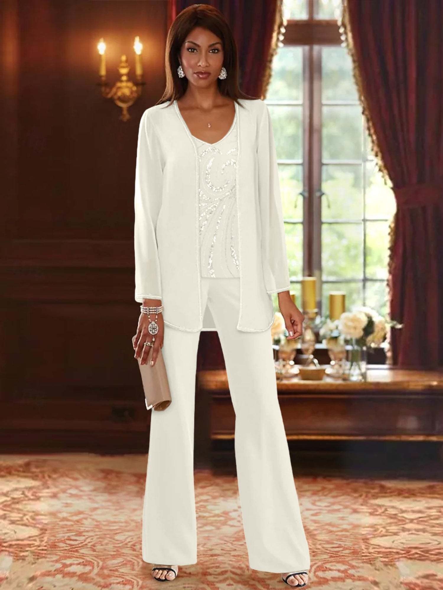 Floor-Length V-Neck Chiffon Pantsuits with Jacket & Sequins for the Mother of the Bride