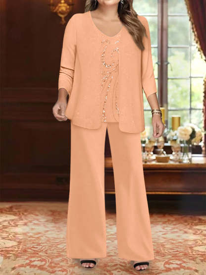 Plus Size 3-Piece Mother of the Bride Chiffon Pantsuit with V-Neck Floor-Length Jacket & Sequins