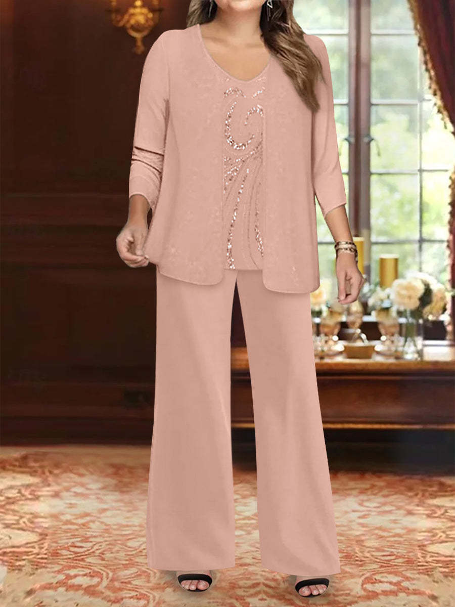 Plus Size 3-Piece Mother of the Bride Chiffon Pantsuit with V-Neck Floor-Length Jacket & Sequins