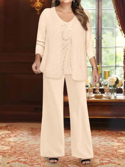 Plus Size 3-Piece Mother of the Bride Chiffon Pantsuit with V-Neck Floor-Length Jacket & Sequins