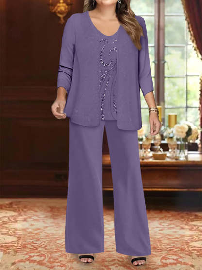 Plus Size 3-Piece Mother of the Bride Chiffon Pantsuit with V-Neck Floor-Length Jacket & Sequins
