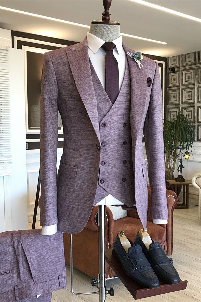 Purple One-Button Small Plaid Groomsmen Outfits with Peaked Lapel