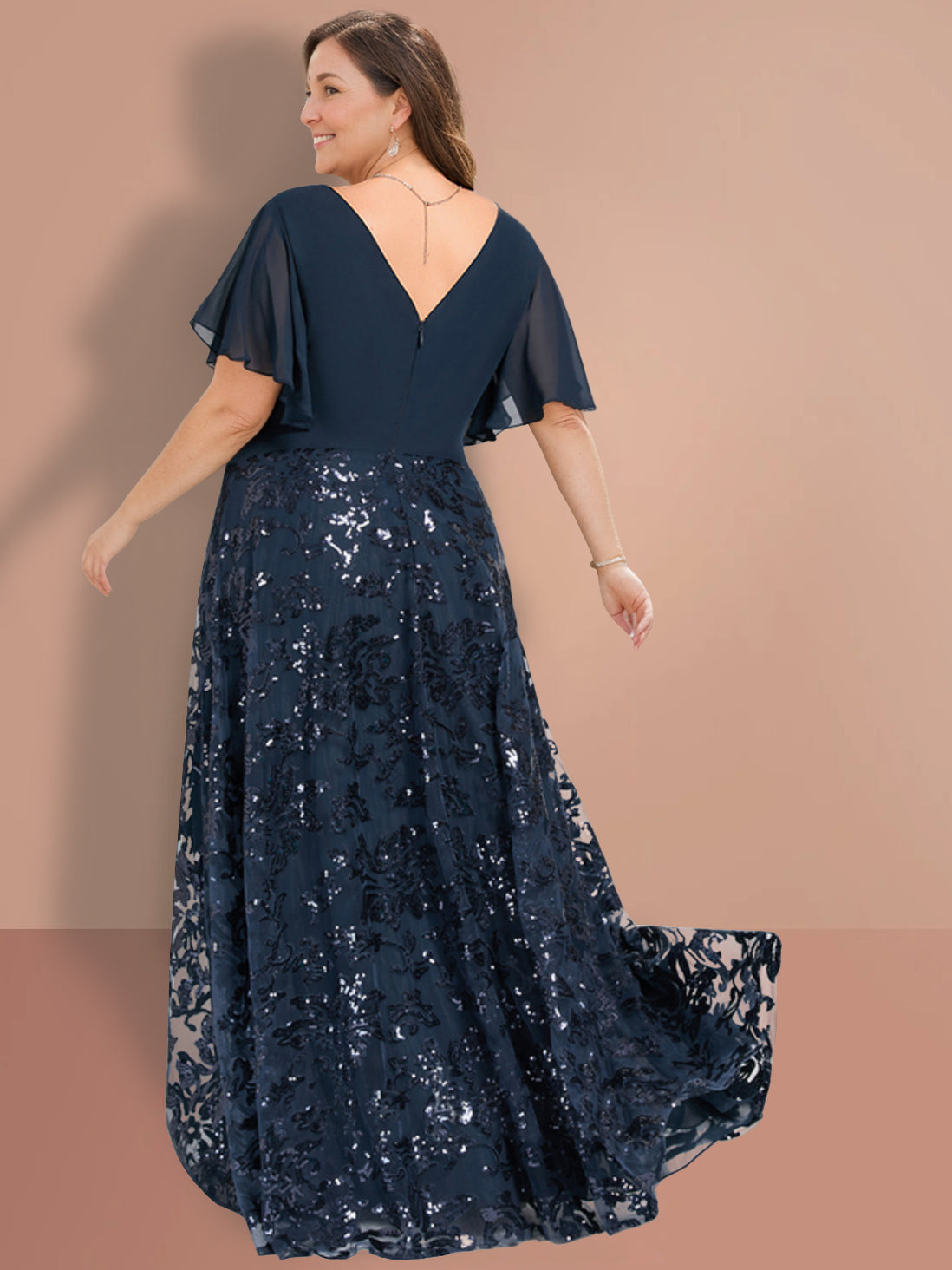 V-Neck A-Line Princess Floor-Length Mother of the Bride Dress with Short Sleeves and Sequins