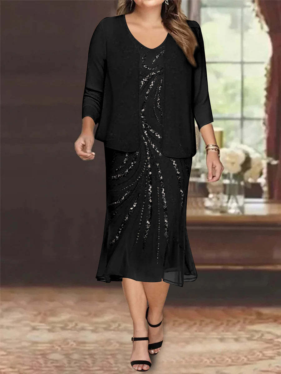 Plus Size V-Neck Chiffon Mother of the Bride Dress Set with Jacket and Sequins Knee-Length