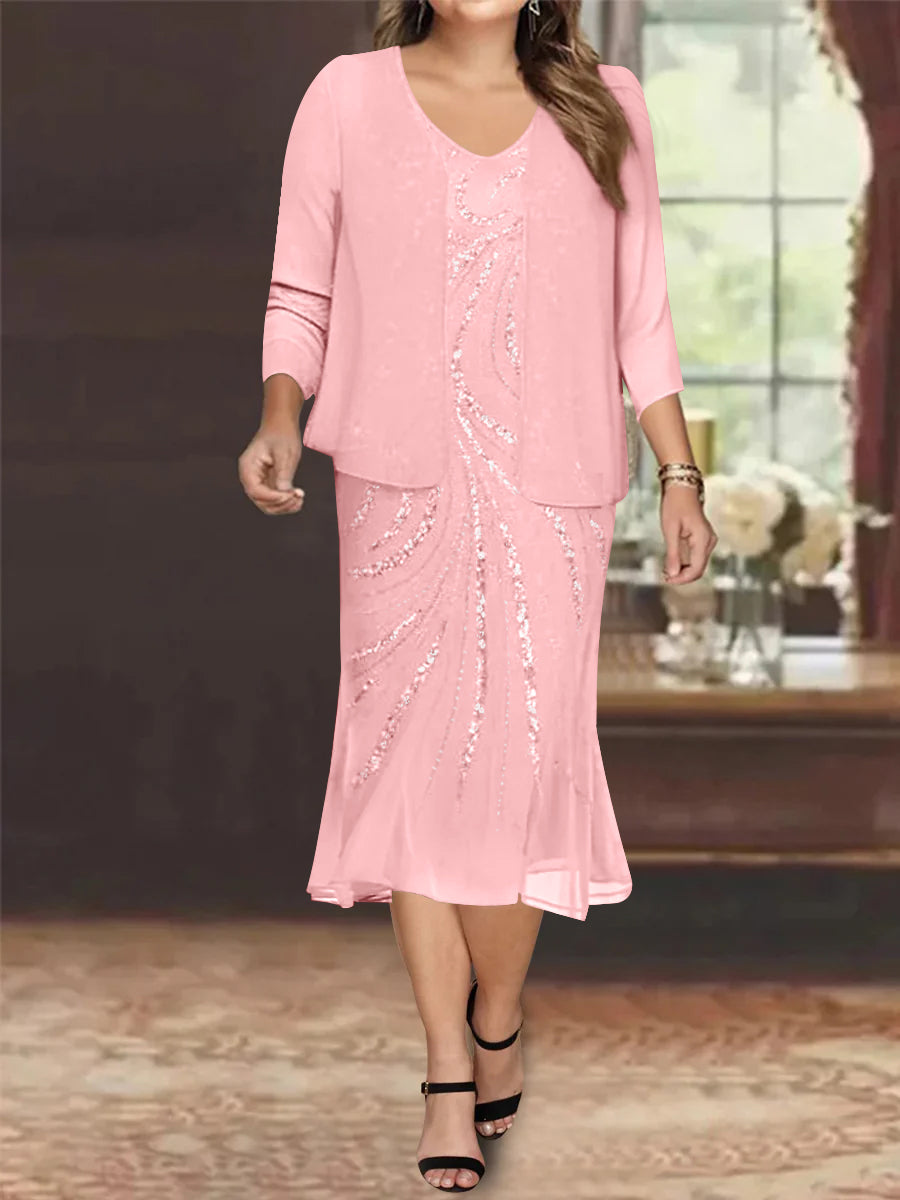 Plus Size V-Neck Chiffon Mother of the Bride Dress Set with Jacket and Sequins Knee-Length