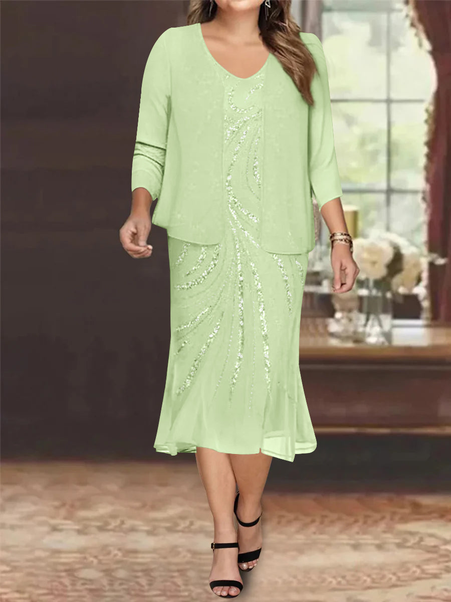 Plus Size V-Neck Chiffon Mother of the Bride Dress Set with Jacket and Sequins Knee-Length