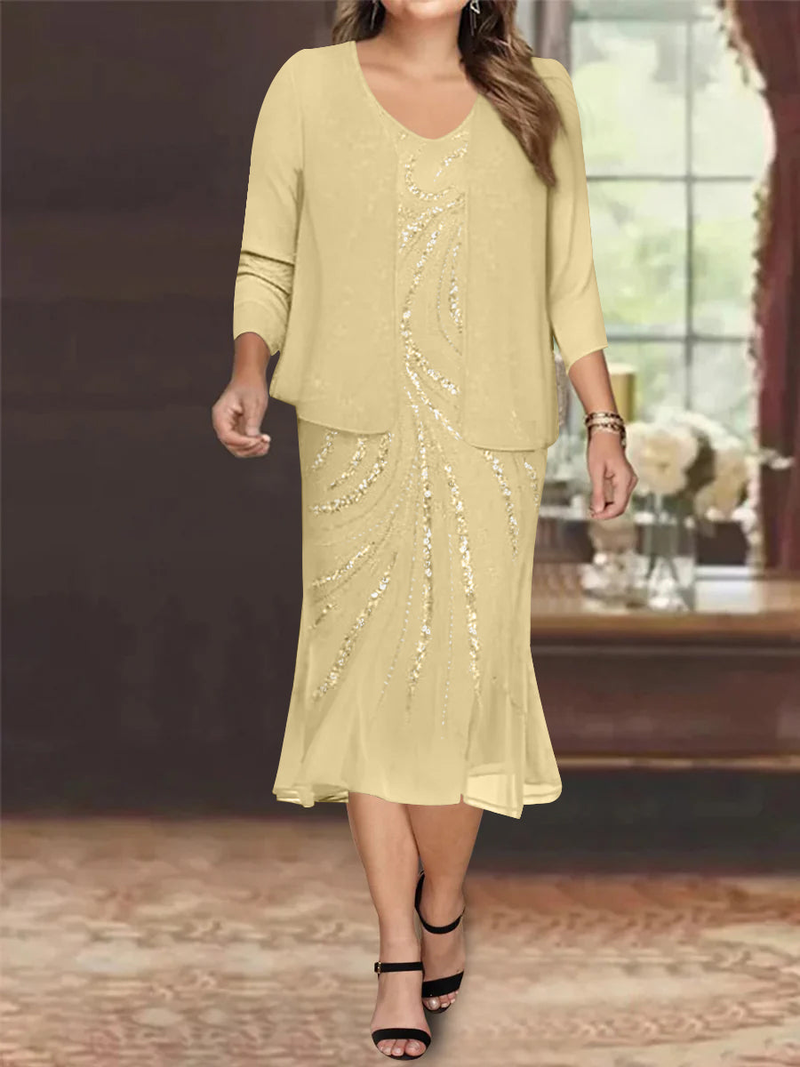 Plus Size V-Neck Chiffon Mother of the Bride Dress Set with Jacket and Sequins Knee-Length