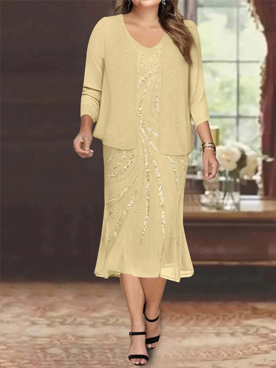 Plus Size V-Neck Chiffon Mother of the Bride Dress Set with Jacket and Sequins Knee-Length