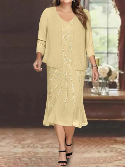 Plus Size V-Neck Chiffon Mother of the Bride Dress Set with Jacket and Sequins Knee-Length