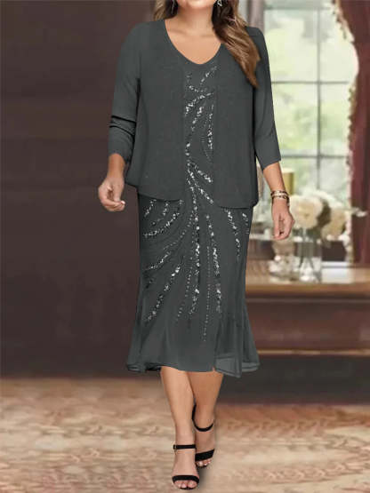 Plus Size V-Neck Chiffon Mother of the Bride Dress Set with Jacket and Sequins Knee-Length