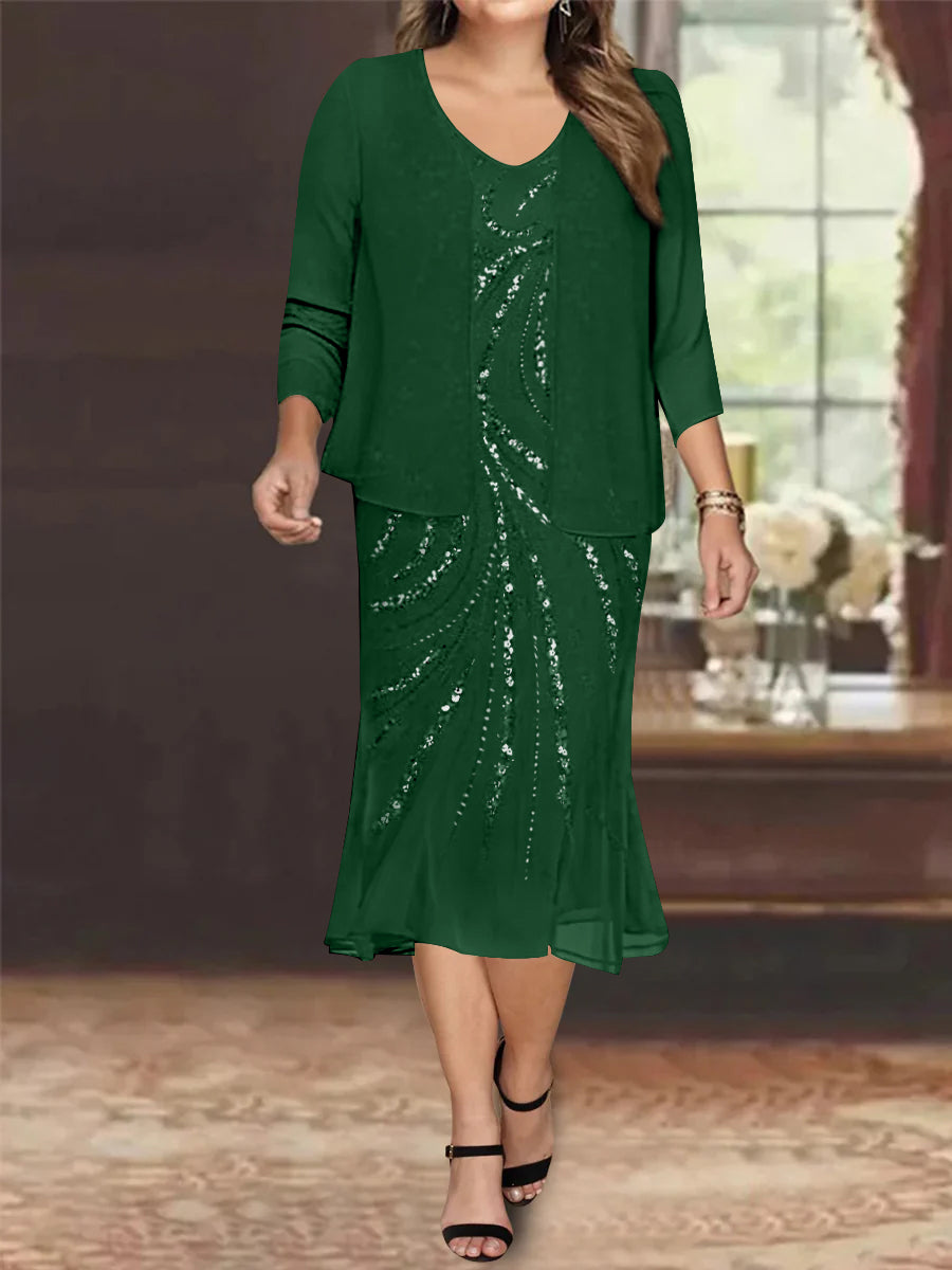Plus Size V-Neck Chiffon Mother of the Bride Dress Set with Jacket and Sequins Knee-Length