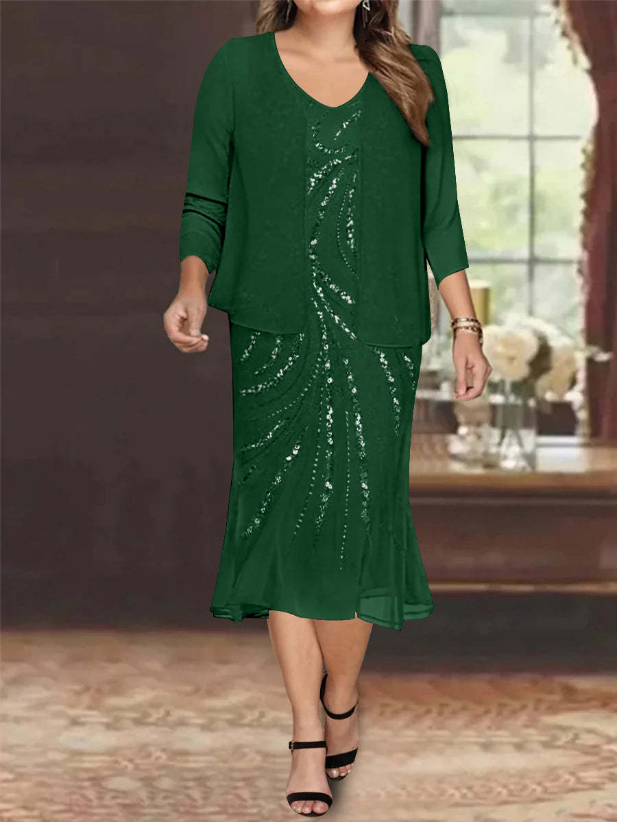 Plus Size V-Neck Chiffon Mother of the Bride Dress Set with Jacket and Sequins Knee-Length