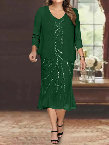 Plus Size V-Neck Chiffon Mother of the Bride Dress Set with Jacket and Sequins Knee-Length