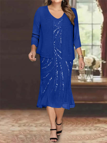 Plus Size V-Neck Chiffon Mother of the Bride Dress Set with Jacket and Sequins Knee-Length
