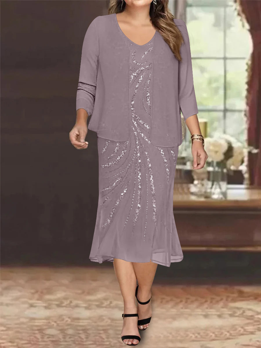 Plus Size V-Neck Chiffon Mother of the Bride Dress Set with Jacket and Sequins Knee-Length