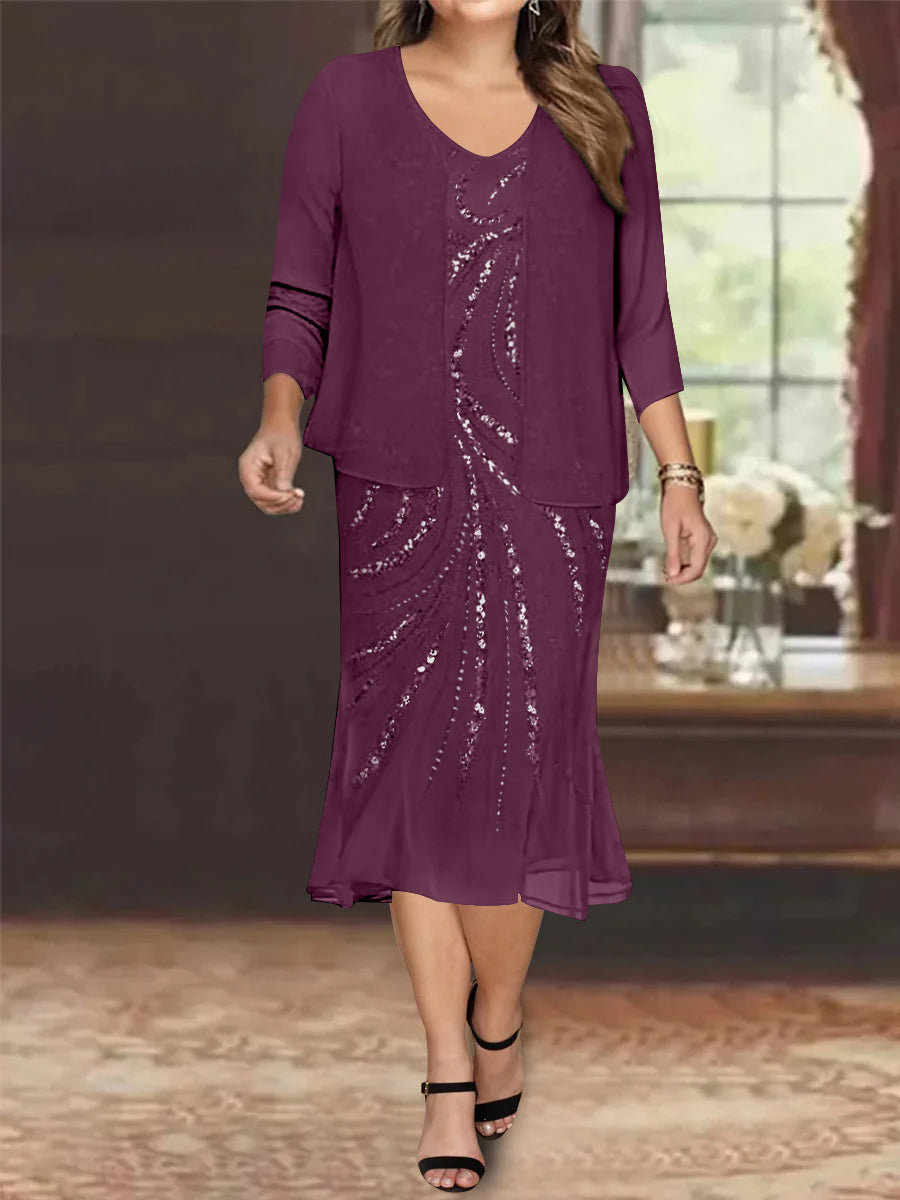 Plus Size V-Neck Chiffon Mother of the Bride Dress Set with Jacket and Sequins Knee-Length
