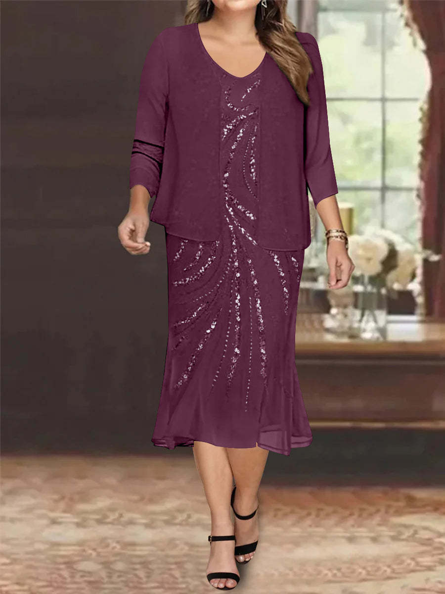 Plus Size V-Neck Chiffon Mother of the Bride Dress Set with Jacket and Sequins Knee-Length