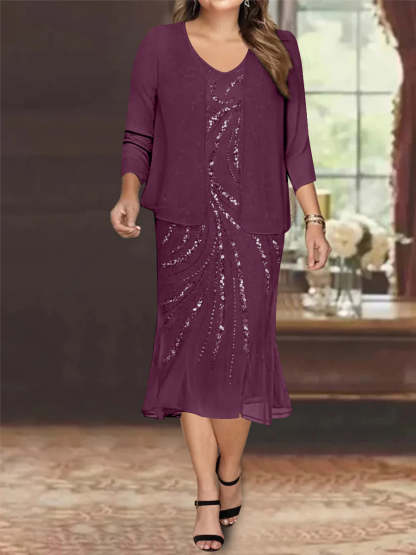 Plus Size V-Neck Chiffon Mother of the Bride Dress Set with Jacket and Sequins Knee-Length