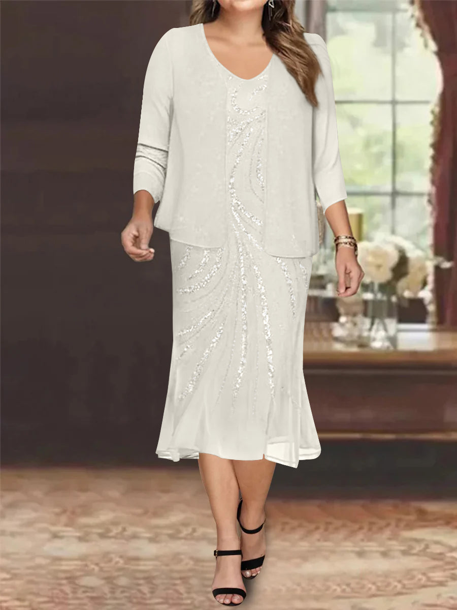 Plus Size V-Neck Chiffon Mother of the Bride Dress Set with Jacket and Sequins Knee-Length