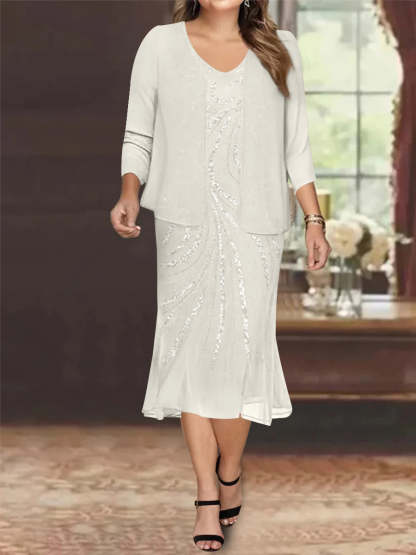 Plus Size V-Neck Chiffon Mother of the Bride Dress Set with Jacket and Sequins Knee-Length
