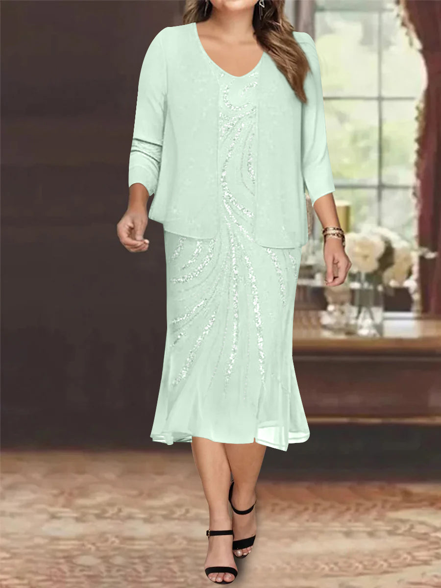Plus Size V-Neck Chiffon Mother of the Bride Dress Set with Jacket and Sequins Knee-Length