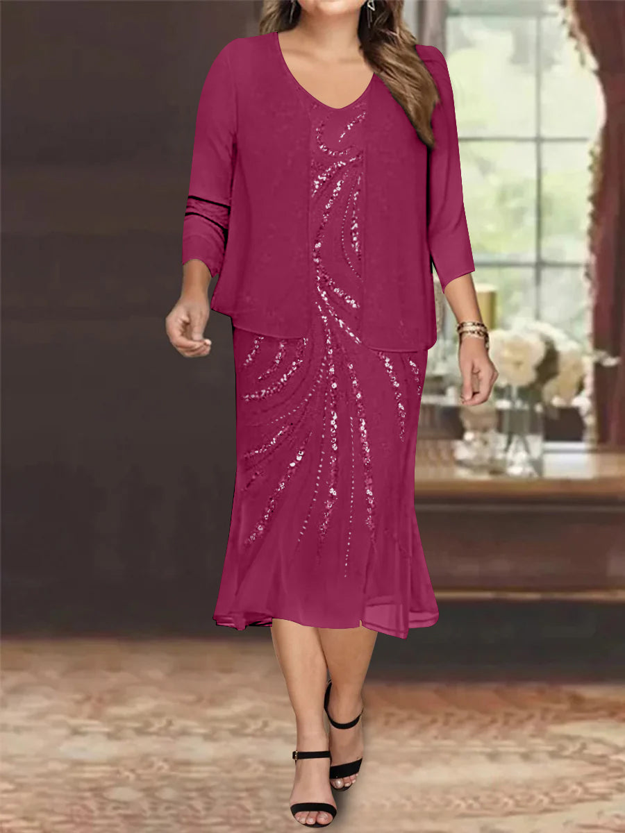 Plus Size V-Neck Chiffon Mother of the Bride Dress Set with Jacket and Sequins Knee-Length