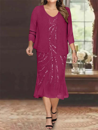 Plus Size V-Neck Chiffon Mother of the Bride Dress Set with Jacket and Sequins Knee-Length