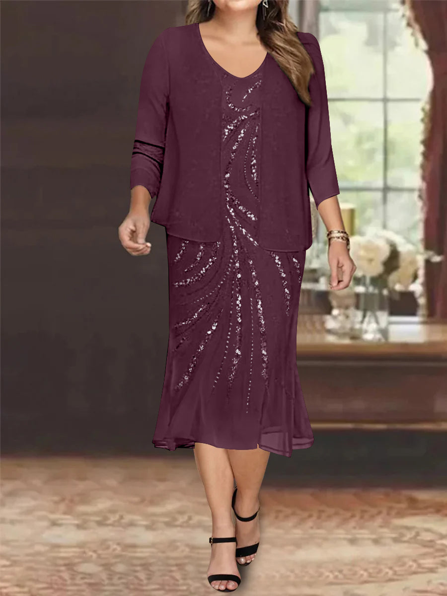 Plus Size V-Neck Chiffon Mother of the Bride Dress Set with Jacket and Sequins Knee-Length