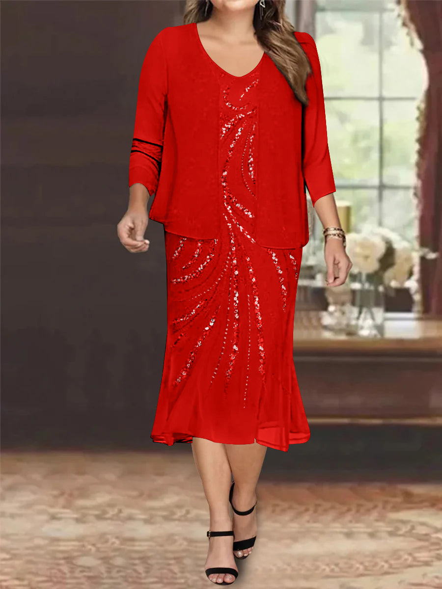 Plus Size V-Neck Chiffon Mother of the Bride Dress Set with Jacket and Sequins Knee-Length