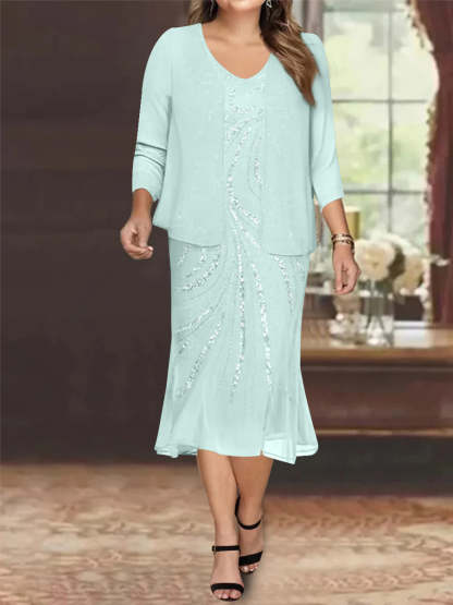 Plus Size V-Neck Chiffon Mother of the Bride Dress Set with Jacket and Sequins Knee-Length