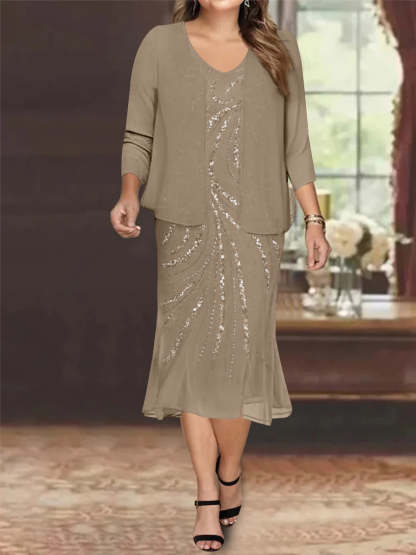 Plus Size V-Neck Chiffon Mother of the Bride Dress Set with Jacket and Sequins Knee-Length