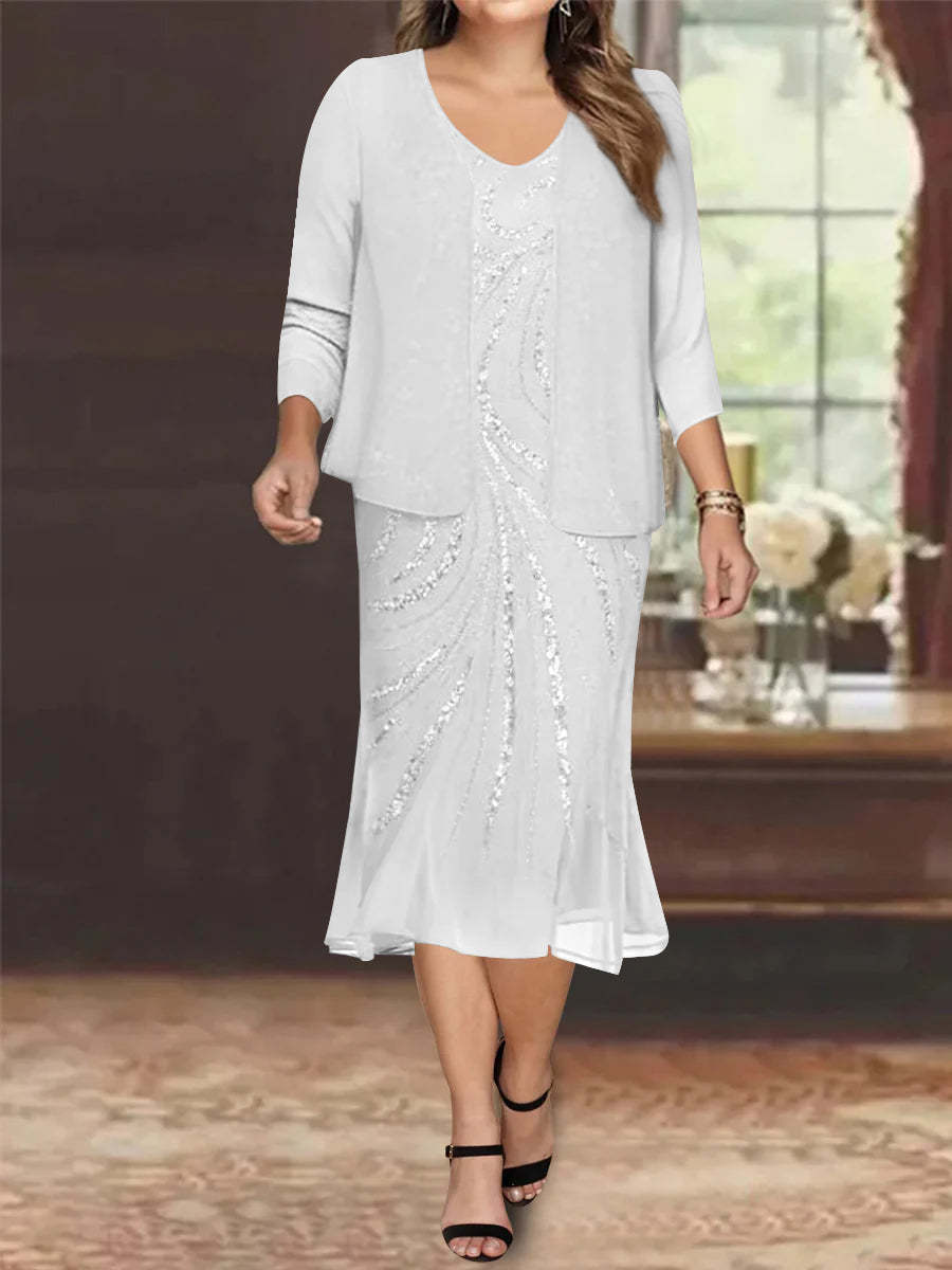 Plus Size V-Neck Chiffon Mother of the Bride Dress Set with Jacket and Sequins Knee-Length