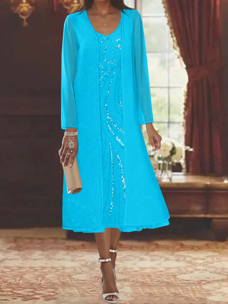 V-Neck Long-Sleeve Tea-Length Mother of the Bride Dress with Jacket and Sequins