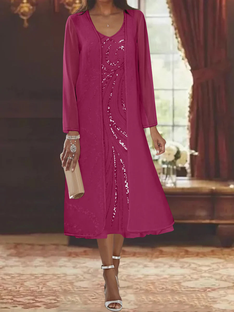 V-Neck Long-Sleeve Tea-Length Mother of the Bride Dress with Jacket and Sequins