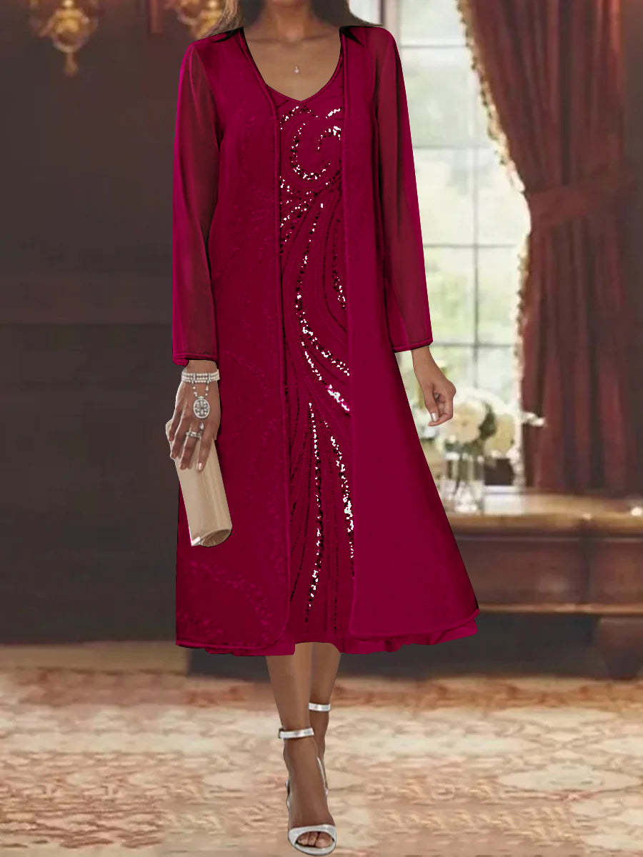 V-Neck Long-Sleeve Tea-Length Mother of the Bride Dress with Jacket and Sequins
