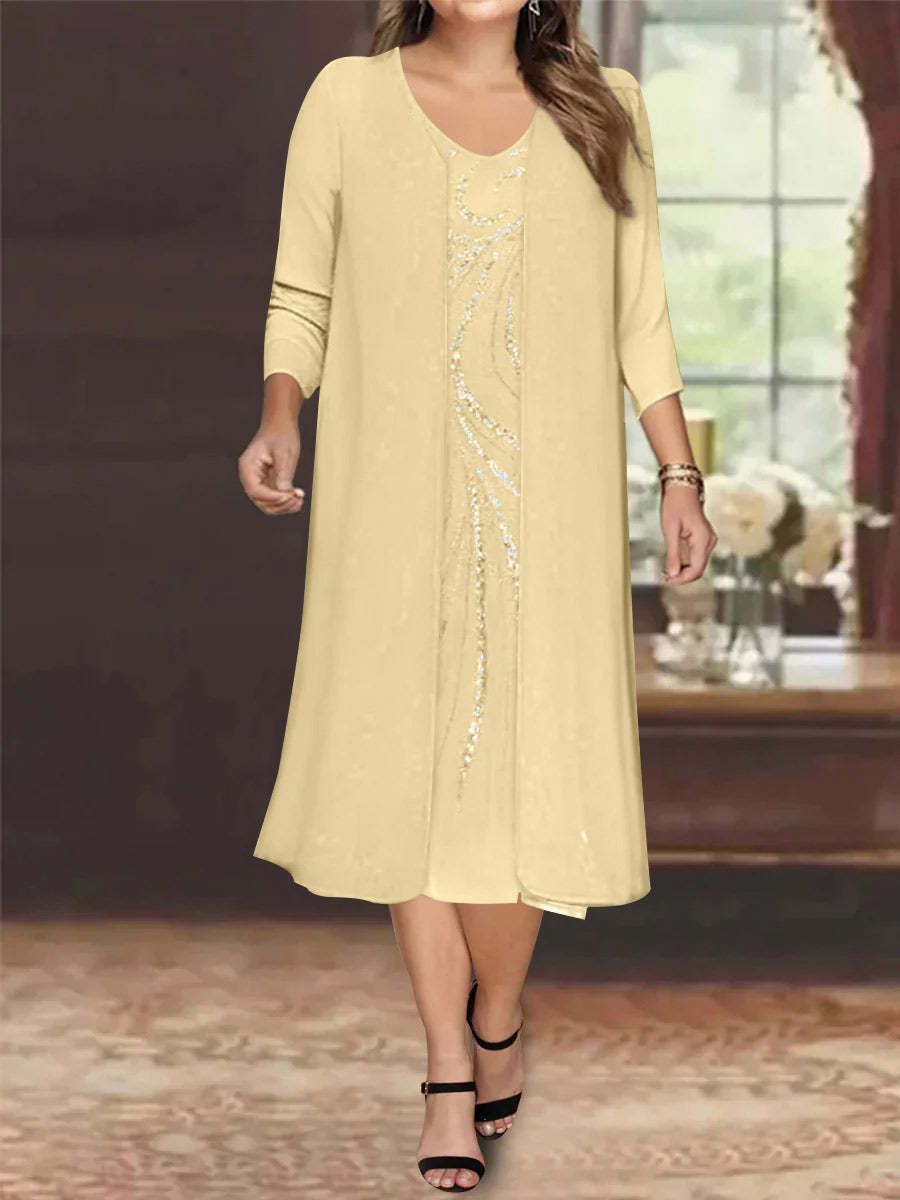 V-Neck Long-Sleeve Tea-Length Plus Size Mother of the Bride Dress with Jacket and Sequins