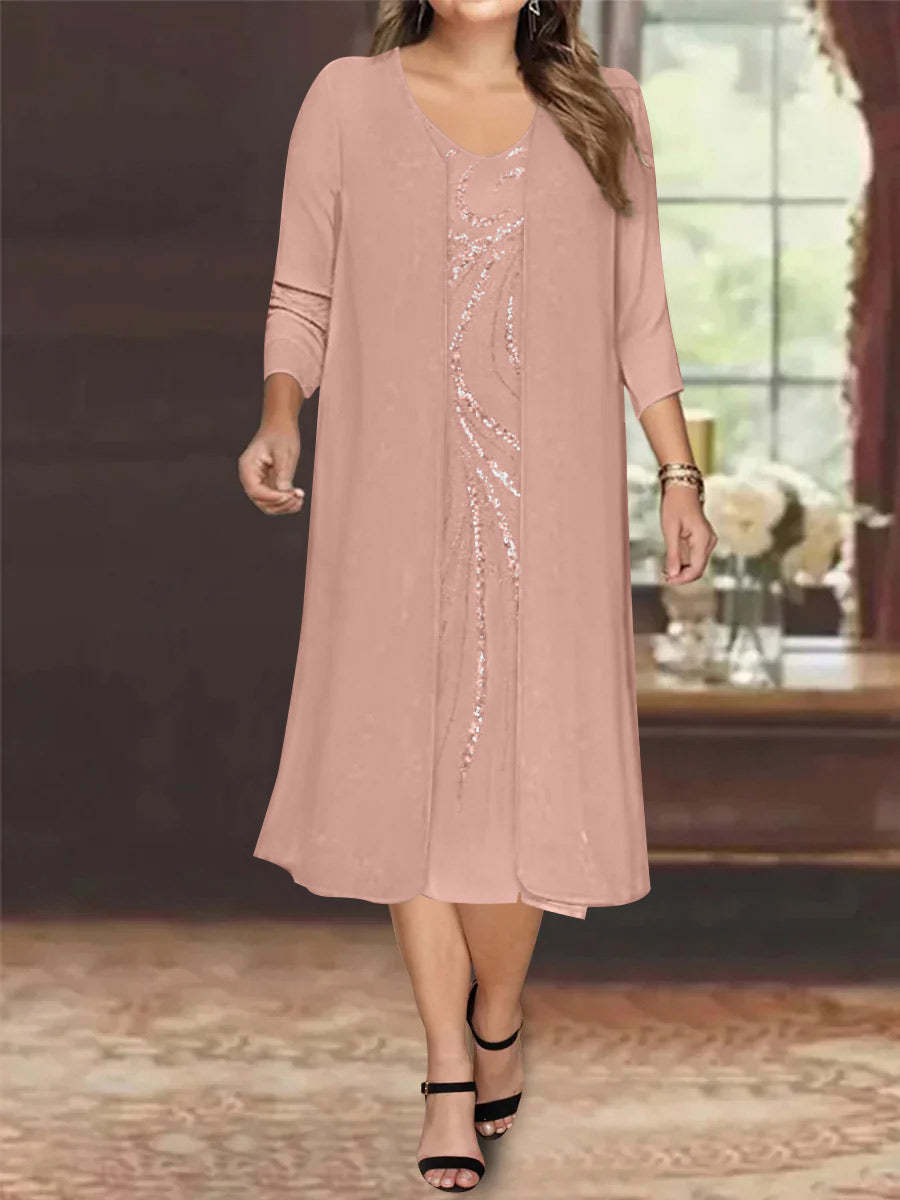 V-Neck Long-Sleeve Tea-Length Plus Size Mother of the Bride Dress with Jacket and Sequins