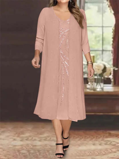V-Neck Long-Sleeve Tea-Length Plus Size Mother of the Bride Dress with Jacket and Sequins