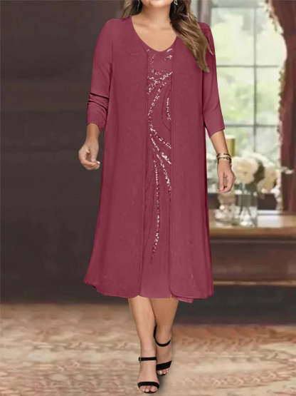 V-Neck Long-Sleeve Tea-Length Plus Size Mother of the Bride Dress with Jacket and Sequins