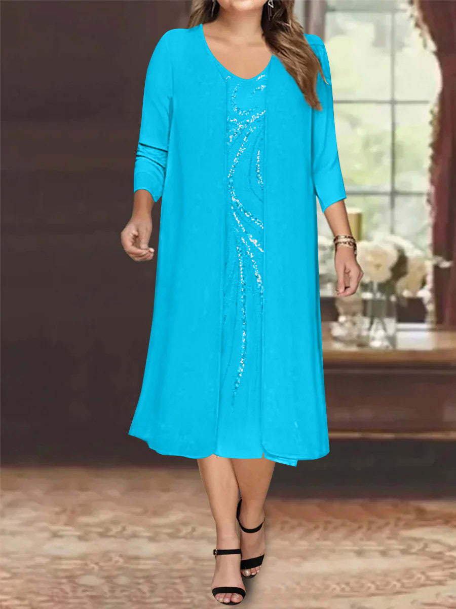 V-Neck Long-Sleeve Tea-Length Plus Size Mother of the Bride Dress with Jacket and Sequins